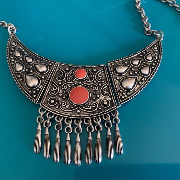 Boho Gypsy Silver Dangles & Orange Enamel Necklace - Tribal Dangle Necklace NWOT - Picture 3 of 5
